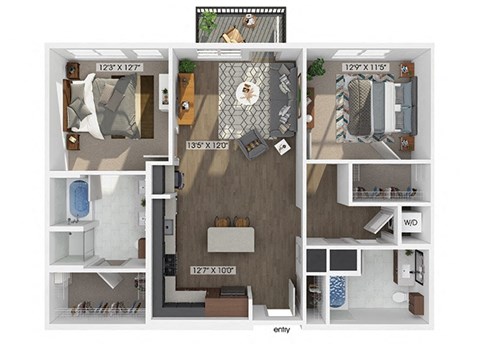 Two bedroom two bathroom floor plan image at V2 Apartments