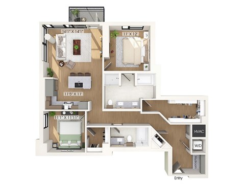 Two bedroom floor plan at 1010 Waugh Apartments in Houston TX