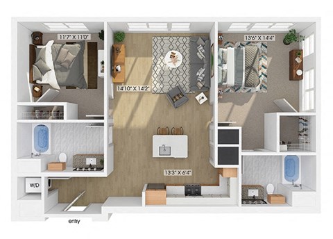 Two bedroom two bathroom floor plan image at V2 Apartments