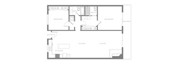 A floor plan of a house with two bedrooms, a living room, a dining room, a kitchen, and a balcony.