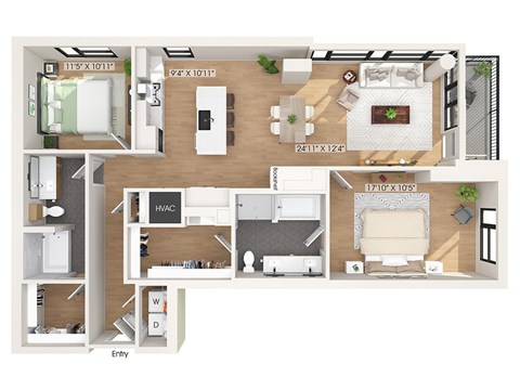 Two bedroom floor plan at 1010 Waugh Apartments in Houston TX