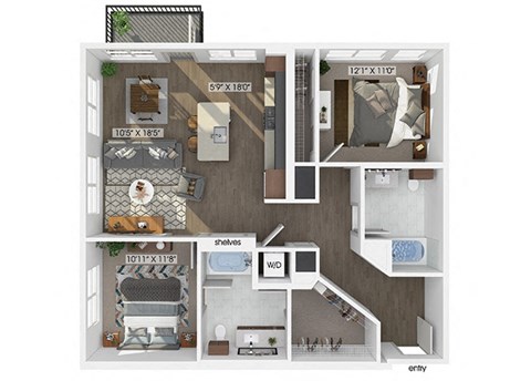Two bedroom two bathroom floor plan image at V2 Apartments