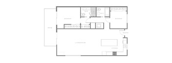 A floor plan of a house with a living room, dining room, kitchen, two bedrooms, two bathrooms, and a patio.