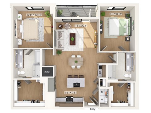 Two bedroom floor plan at 1010 Waugh Apartments in Houston TX