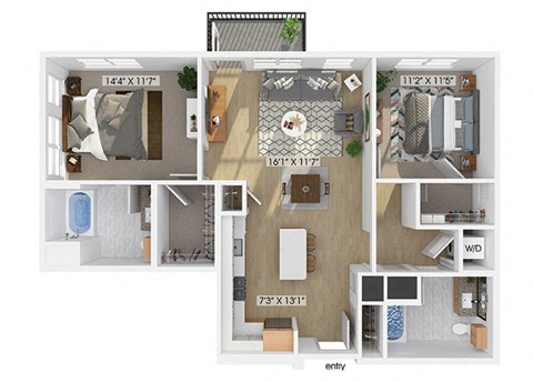 Two bedroom two bathroom floor plan image at V2 Apartments