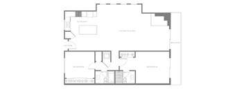 A floor plan of a house with two bedrooms, a living area, a kitchen, a bathroom, and a balcony.