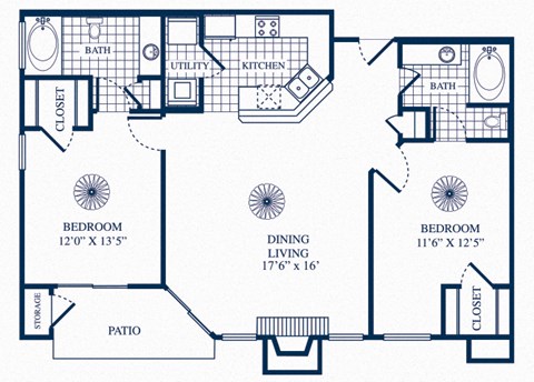 Two bedroom floor plan at Tivoli Apartments in Dallas, Texas