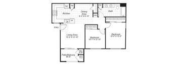 Two bedroom one bathroom A2 floor plan at Bristol Apartment Homes in Dixon, CA