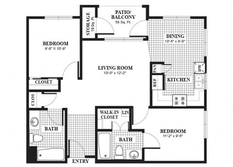 two bedroom two bathroom floor plan image