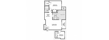 two bedroom one bathroom floor plan image at Oakfield Apartments