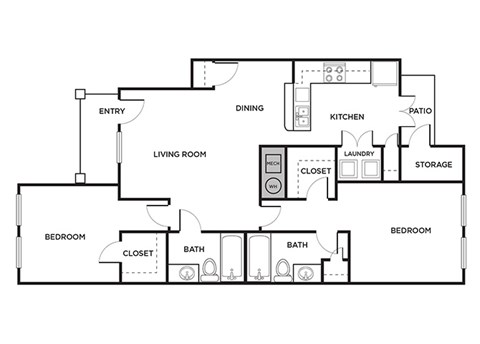 Two bedroom apartment floor plan at Ironwood Crossing Apartments and Townhomes in Fort Worth TX