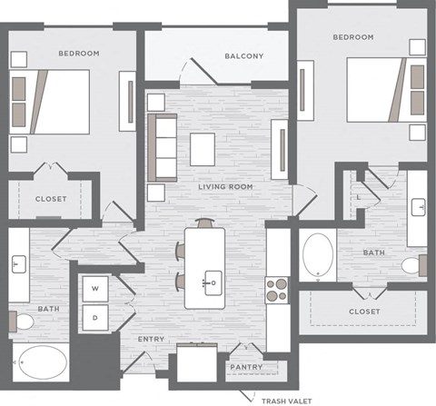two bedroom floor plan at the Huntington Apartments in Plano TX