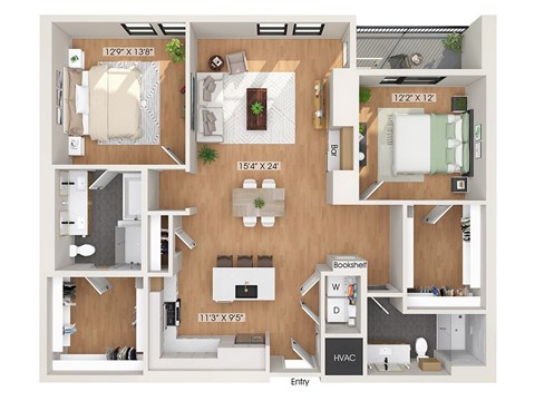 Two bedroom floor plan at 1010 Waugh Apartments in Houston TX