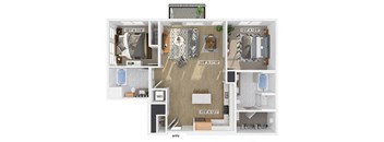Two bedroom two bathroom floor plan image at V2 Apartments