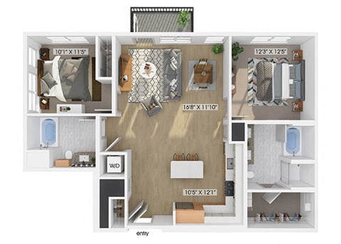 Two bedroom two bathroom floor plan image at V2 Apartments