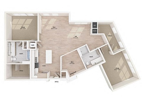 Two bedroom floor plan image at Vero Apartments in Chelsea MA