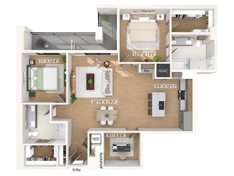 Two bedroom floor plan at 1010 Waugh Apartments in Houston TX