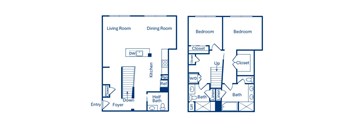 Two bedroom floor plan at Main and Jamboree Apartments in Irvine CA