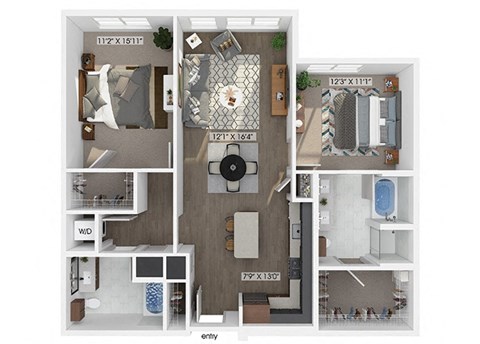 Two bedroom two bathroom floor plan image at V2 Apartments