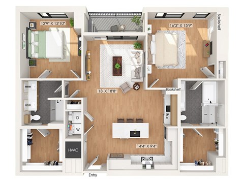 Two bedroom floor plan at 1010 Waugh Apartments in Houston TX