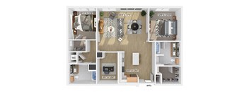 Two bedroom two bathroom floor plan image at V2 Apartments