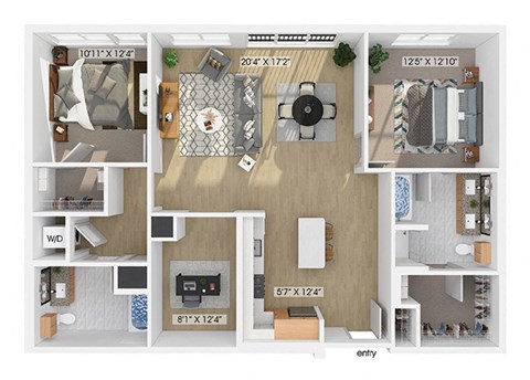 Two bedroom two bathroom floor plan image at V2 Apartments