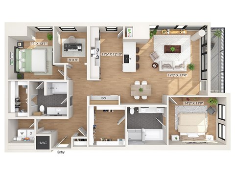 Two bedroom floor plan at 1010 Waugh Apartments in Houston TX
