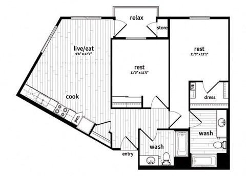 Two bedroom floor plan at GEO Apartment in Fremont CA