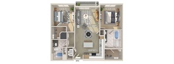 Two bedroom floor plan image at East Bend Apartments in Houston TX