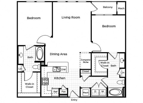 Two bedroom two bathroom floor plan at Westchester at the Pavilions in Waldorf MD