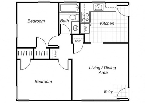 two bedroom one bathroom floor plan image at Sutterfield
