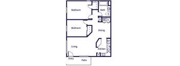 A floor plan of a house with two bedrooms, a living room, a kitchen, a bathroom, a dining area, and a patio.