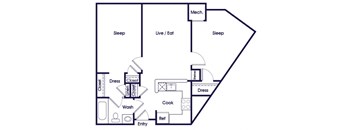 Two bedroom one bathroom floor plan image at Victoria Park Apartments
