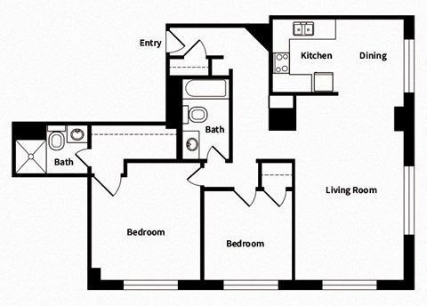 Two bedroom two bathroom floor plan image at 735 St. Clair