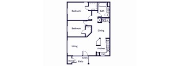 A floor plan of a house with two bedrooms, a living room, a kitchen, a bathroom, a storage area, and a patio.