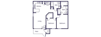 A floor plan of a house with two bedrooms, a living area, a kitchen, two bathrooms, and a patio.