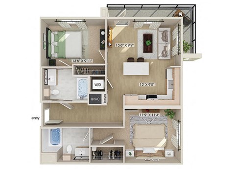 Two bedroom floor plan at Rivair Apartment Homes in San Diego CA