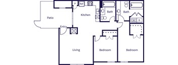 A floor plan of a house with a living room, kitchen, two bathrooms, and three bedrooms.