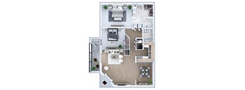 Two bedroom floor plan Loft Model Living Room and Fireplace at Sky Rock Apartments in Longmont CO