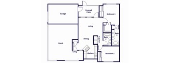 A floor plan of a house with a garage, two bedrooms, a living room, a dining room, a laundry room, and two bathrooms.
