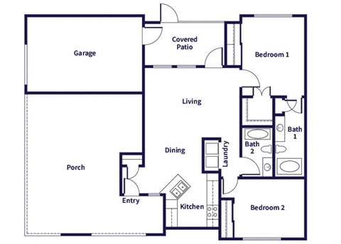 Two bedroom floor plan at Hollow Creek in Conroe TX