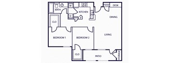 Two bedroom one bathroom floor plan image at The Sorento Apartments