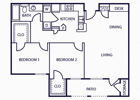 Two bedroom one bathroom floor plan image at The Sorento Apartments