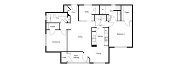 A floor plan of a house with two bedrooms, a study, a kitchen, a dining area, a living room, a bathroom, a laundry area, and storage.