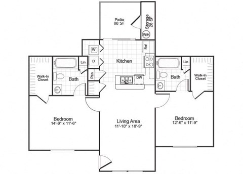 two bedroom floor plan at paradise oaks apartments