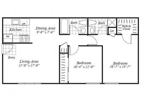 two bedroom floor plan at Ridgemoor apartments