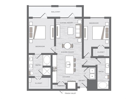 two bedroom floor plan at the Huntington Apartments in Plano TX