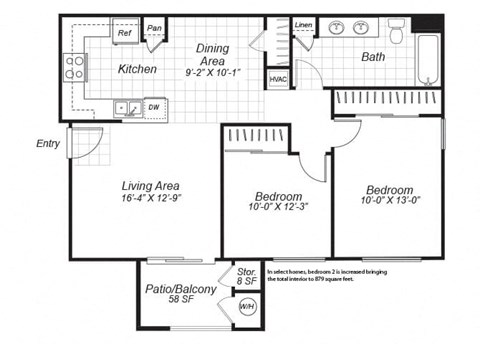 Two bedroom one bathroom B2 floor plan at Bristol Apartment Homes in Dixon, CA