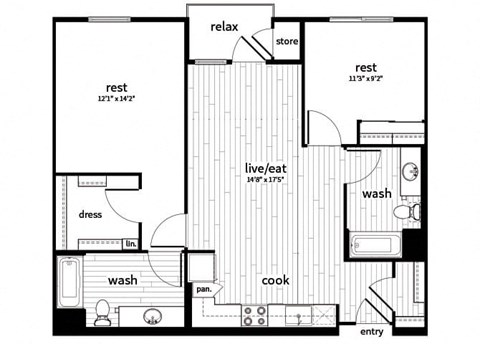 Two bedroom floor plan at GEO Apartment in Fremont CA