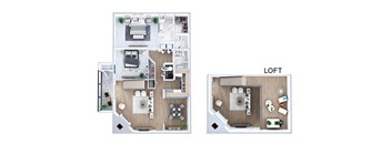 Two bedroom floor plan loft Loft Model Living Room and Fireplace at Sky Rock Apartments in Longmont CO